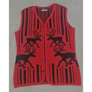 Vintage 80s 90s Wool Reindeer Sweater Vest Nordic Scandinavian Clasp Red Small